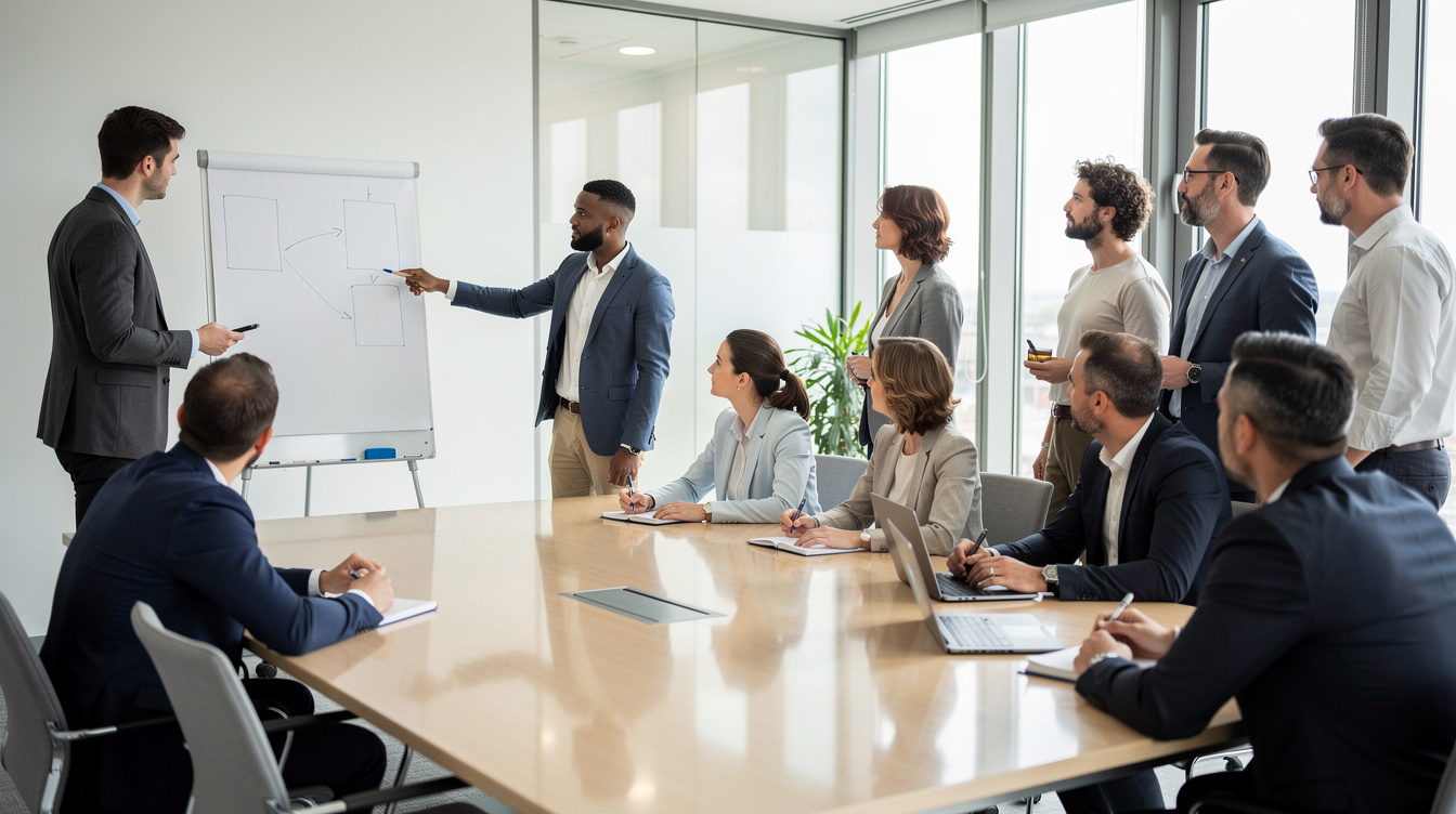 Diverse group of professionals sharing knowledge in a modern meeting room